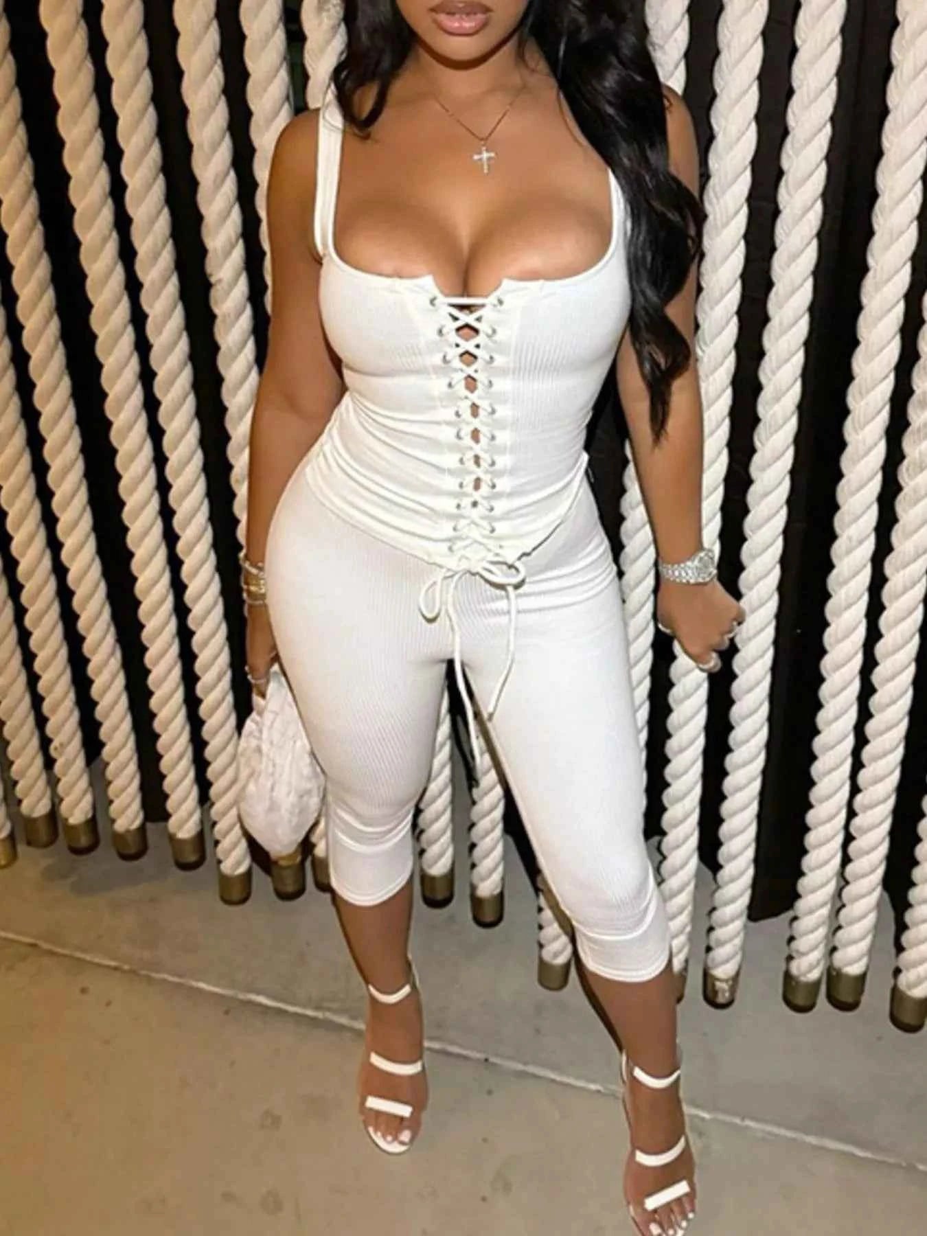Ensemble tank top laçage & capri femme – 2 coloris White & Black - Bootiky