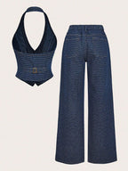 Ensemble deux pièces – Gilet halter en jean et pantalon wide-leg - Bootiky