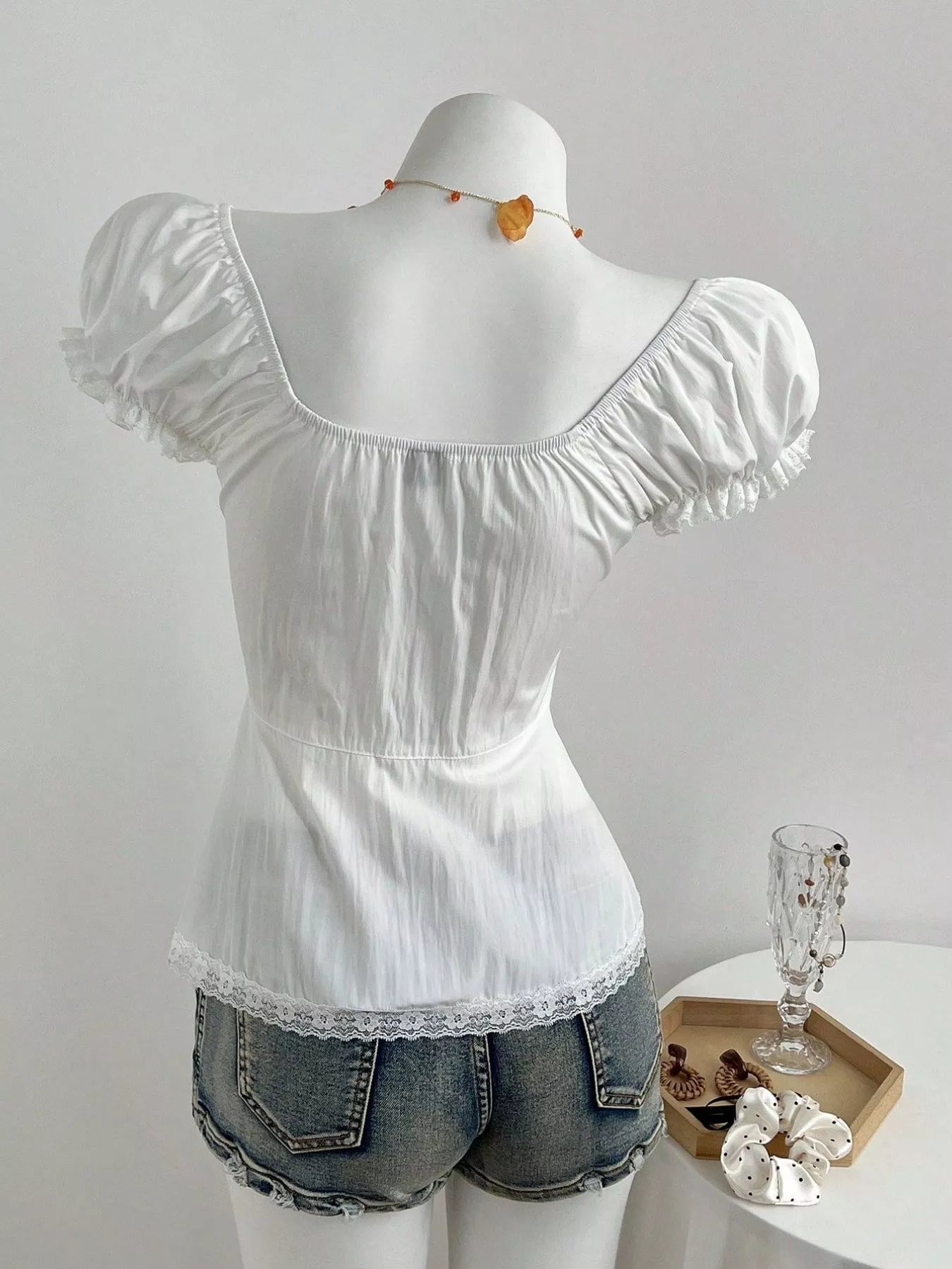 Chemise Femme Boutonée Manches Courtes à Dentelle & Fronces – Légèrement Extensible, S-XL - Bootiky