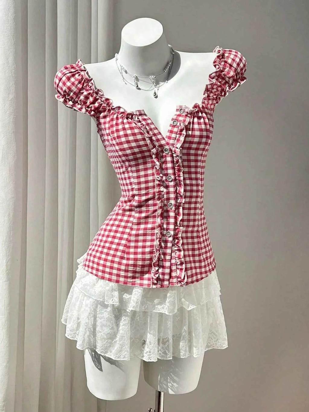 Blouse Femme Vichy à Volants & Lacets – Manches Courtes, Motif Carreaux, Rouge S-XL - Bootiky