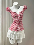 Blouse Femme Vichy à Volants & Lacets – Manches Courtes, Motif Carreaux, Rouge S-XL - Bootiky