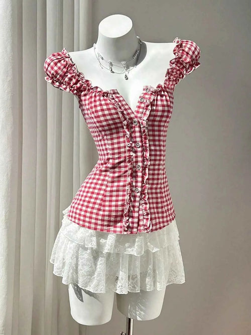Blouse Femme Vichy à Volants & Lacets – Manches Courtes, Motif Carreaux, Rouge S-XL - Bootiky