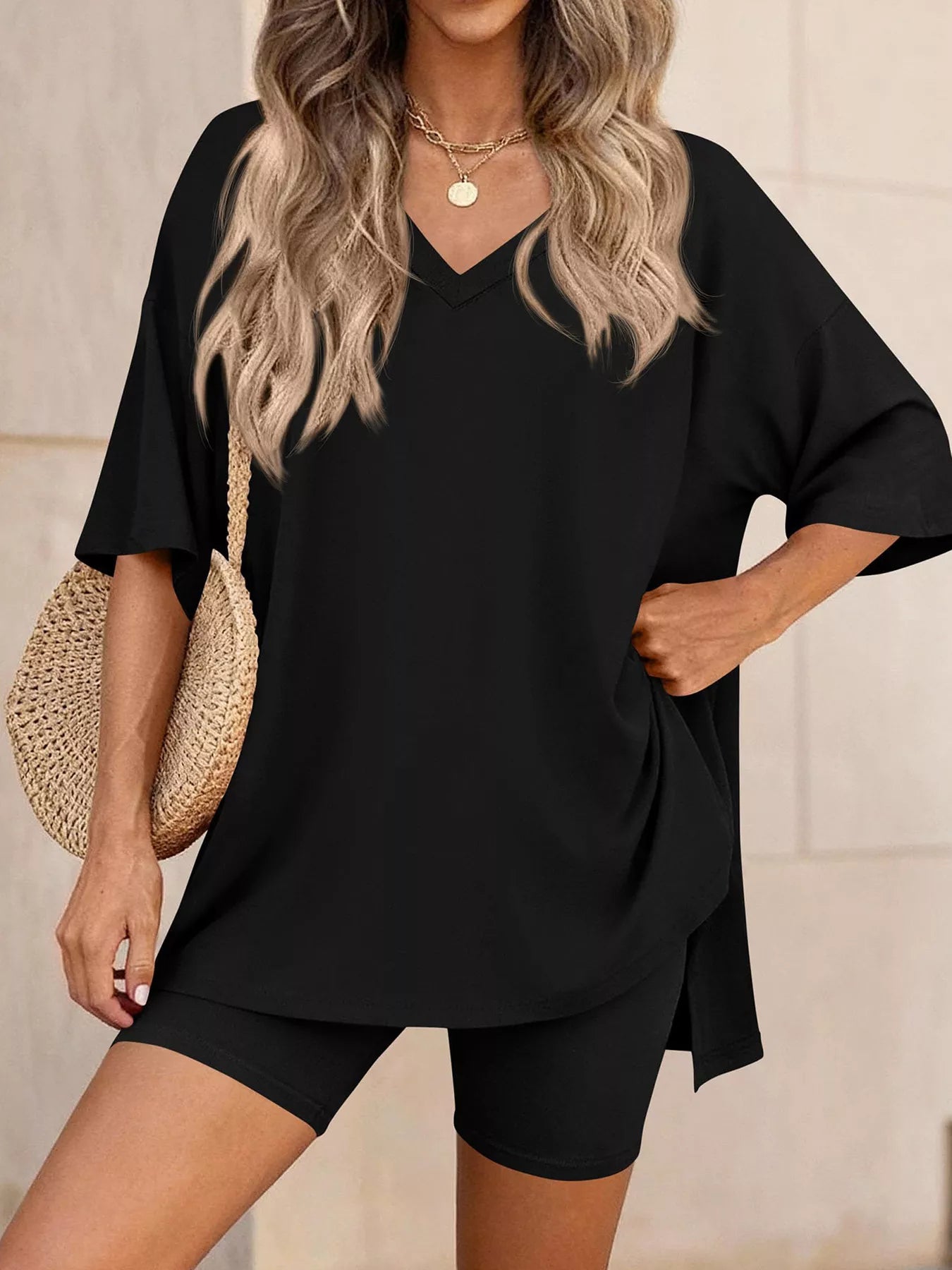 Ensemble t-shirt col V & short femme – 7 coloris, grande taille - Bootiky