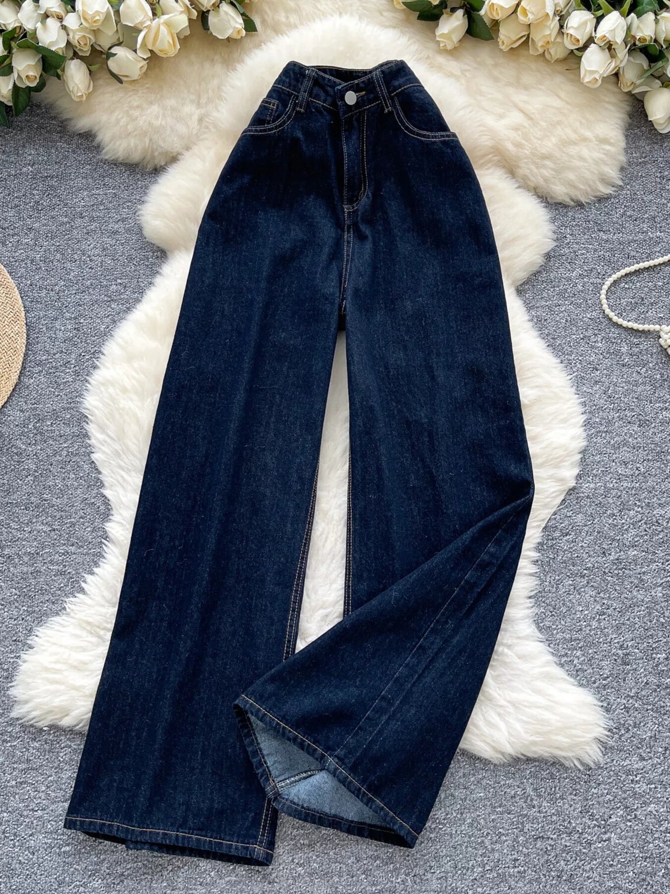 Jean taille haute wide-leg – coupe droite et fente latérale - Bootiky