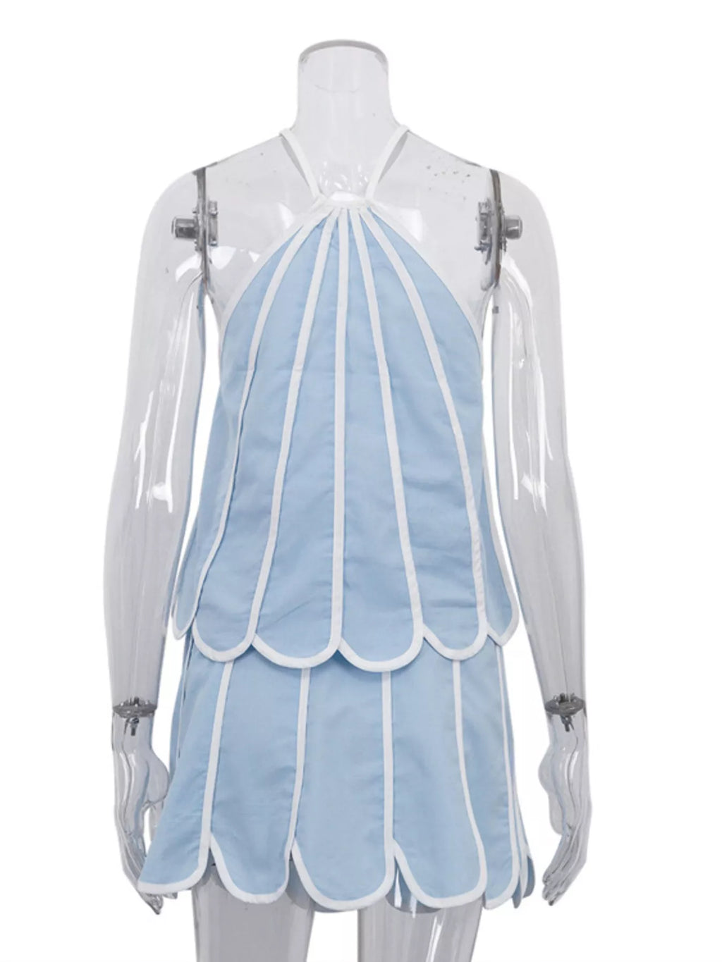 Ensemble top halter à volants liseré contrastant & jupe femme – Light Blue - Bootiky