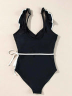 Maillot de Bain Une Pièce à Col en V & Détails Volants - Bootiky