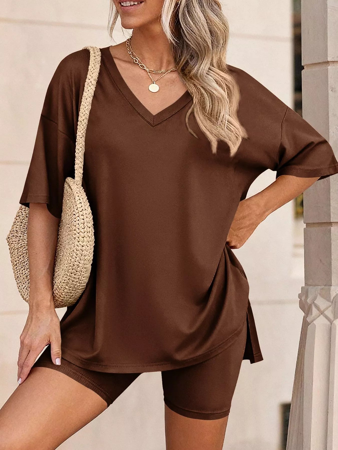 Ensemble t-shirt col V & short femme – 7 coloris, grande taille - Bootiky