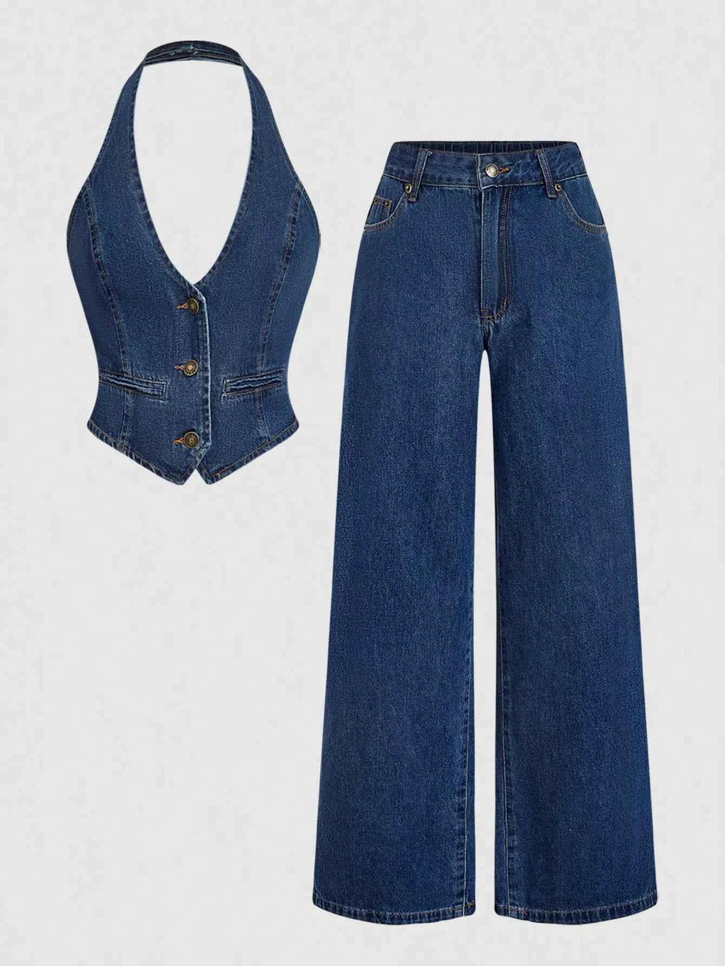 Ensemble deux pièces – Gilet halter en jean et pantalon wide-leg - Bootiky
