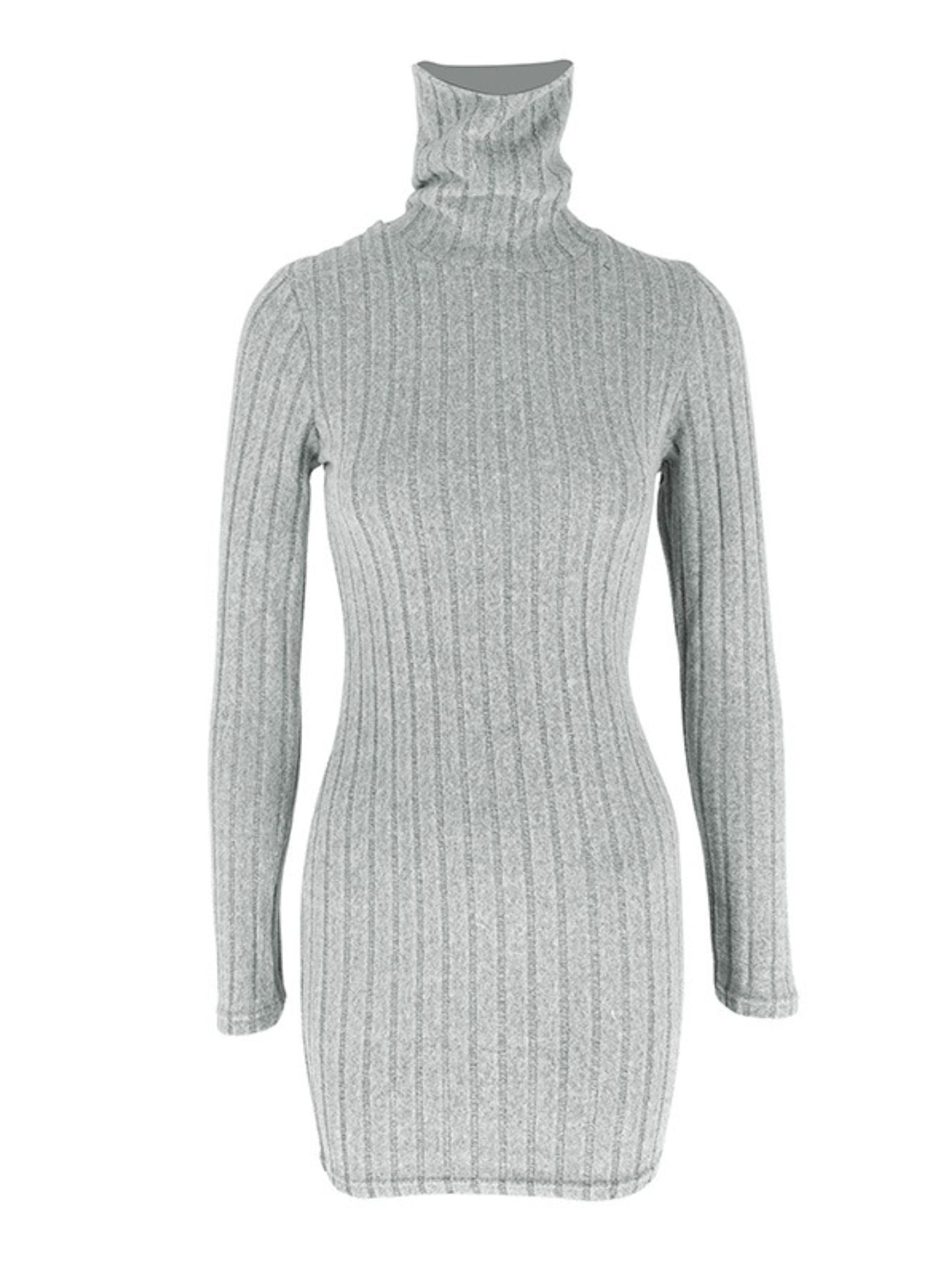 Robe Courte Moulante — Maille Côtelée Col Roulé & Manches Longues - Bootiky