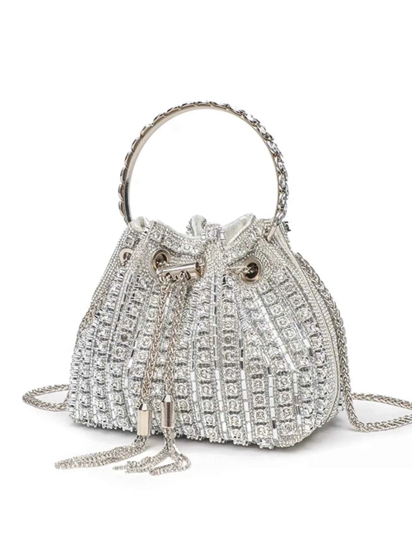 Sparkling silver crystal bucket bag with chain strap and top handle, perfect for evening events