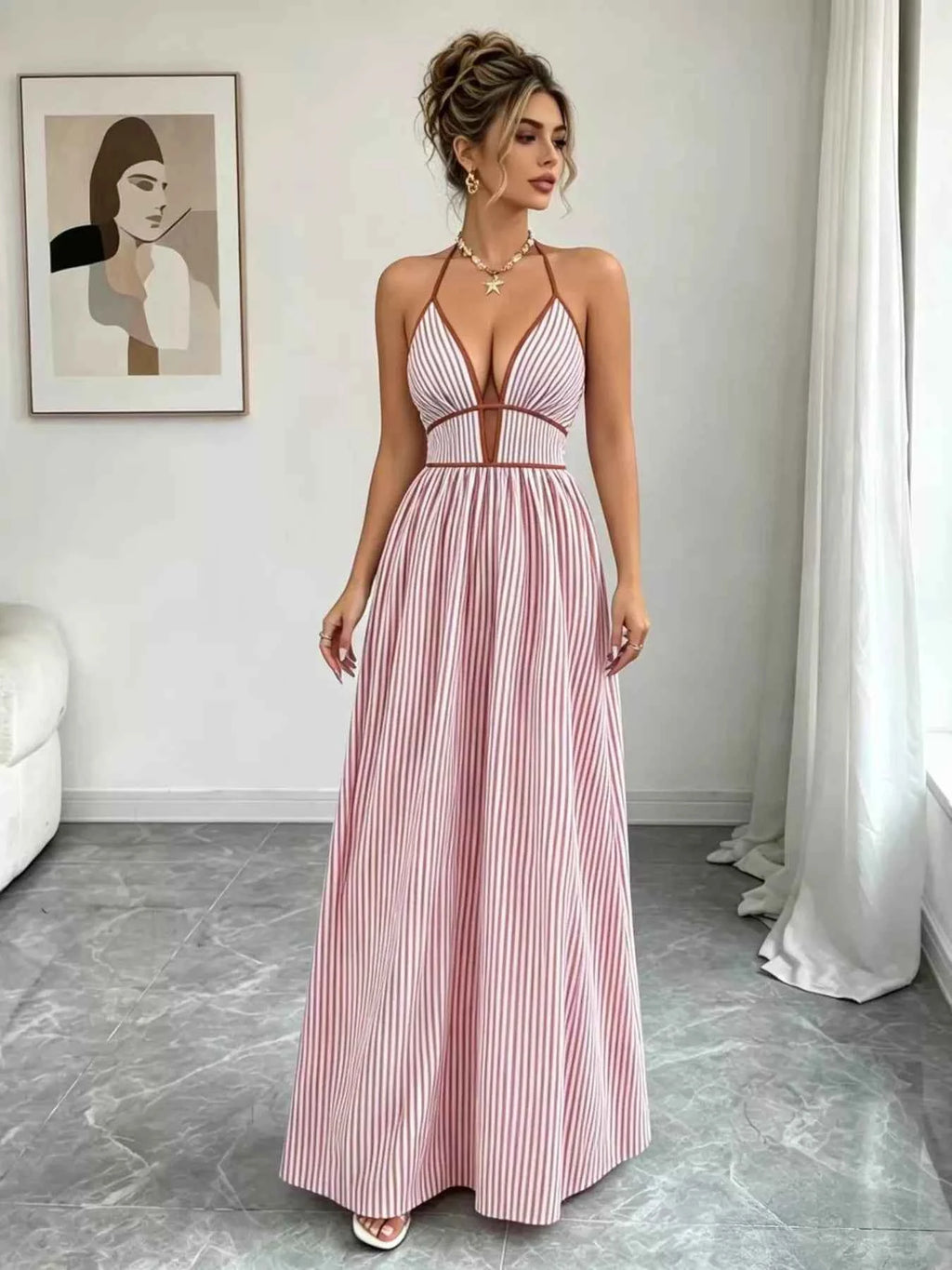 Robe Longue Graphique Riviera Col Licou – Rayures, Buste Smocké, S à 2XL - Bootiky