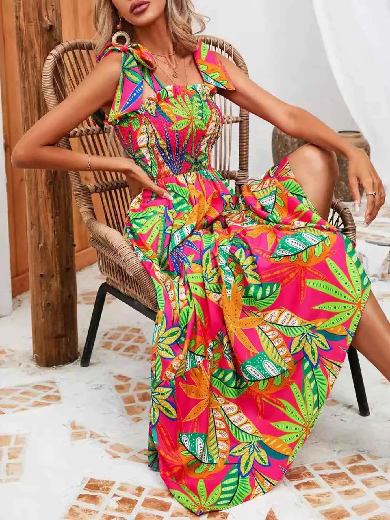 Robe Longue Bohème Oasis Buste Smocké Bretelles à Nouer – Volants, S à 2XL - Bootiky