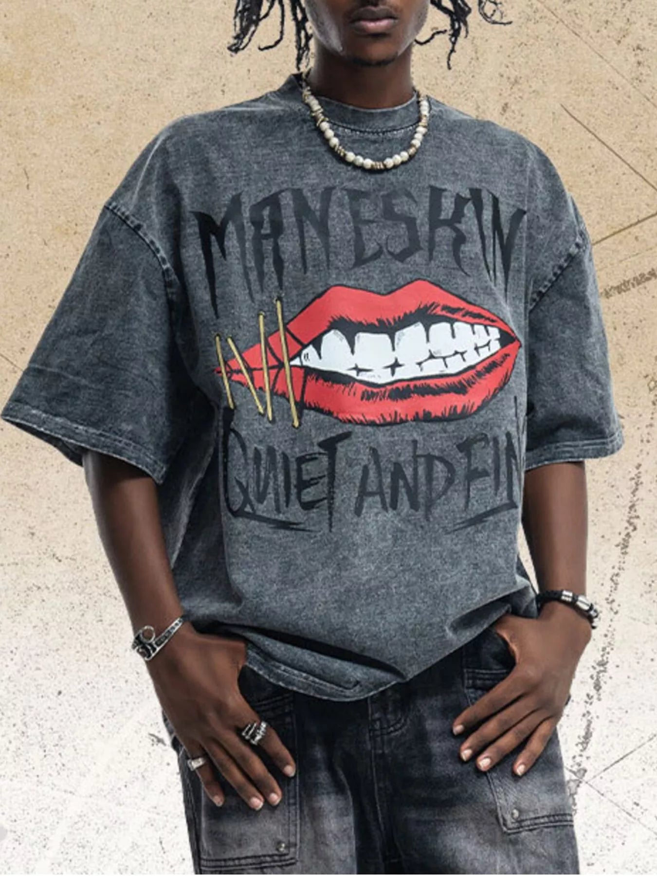 T-Shirt Homme Effet Délavé Motif Lèvres – Style Vintage Rock - Bootiky
