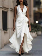 Robe Longue de Soirée Volants Riviera Col Licou – Fente, Ceinture, S à 2XL - Bootiky