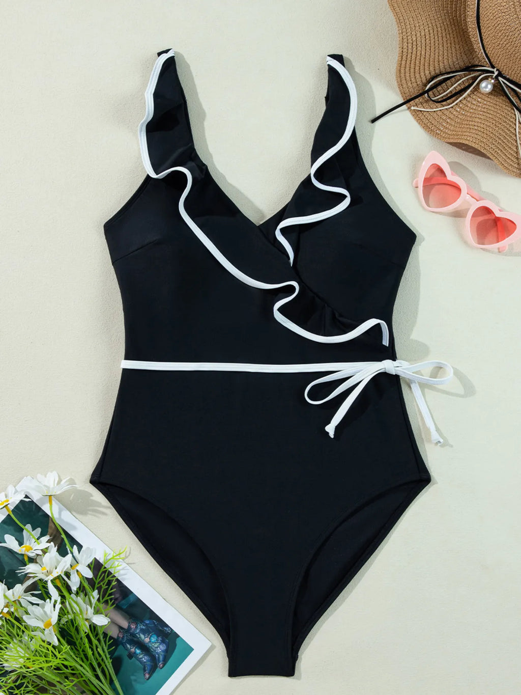 Maillot de Bain Une Pièce à Col en V & Détails Volants - Bootiky