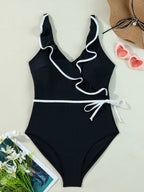 Maillot de Bain Une Pièce à Col en V & Détails Volants - Bootiky