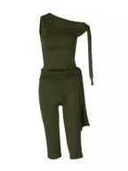 Ensemble top épaule asymétrique noué & capri femme – coloris Moss - Bootiky