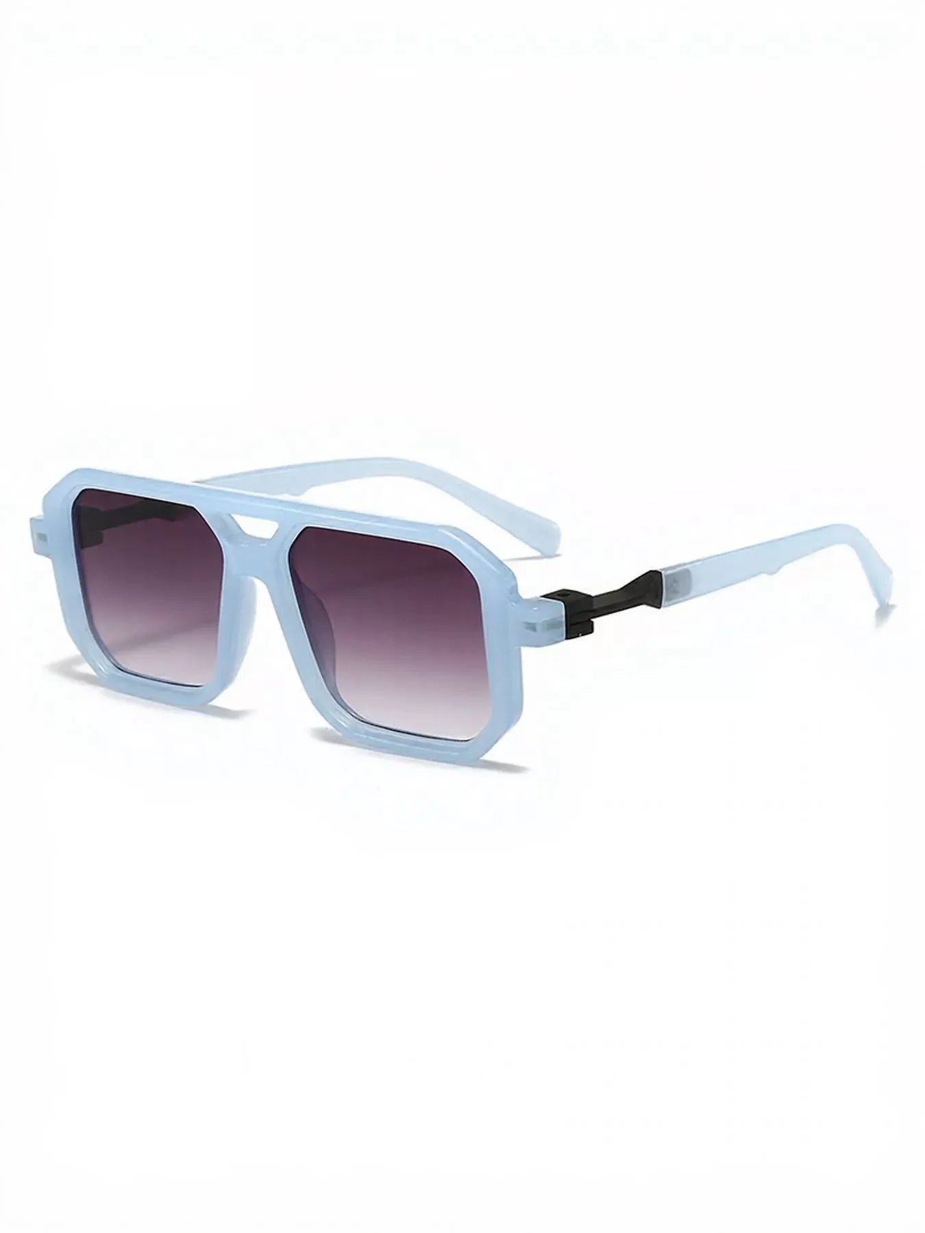 Light blue oversized square sunglasses with gradient purple lenses, trendy fashion accessory.