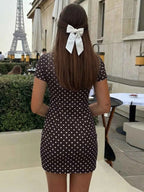 Robe Courte Retro Dolce à Pois Découpe Avant Cut-Out – Blanc, Marron, S à L - Bootiky