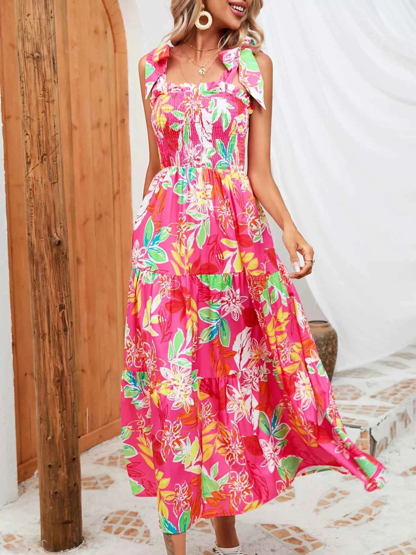Robe Longue Bohème Oasis Buste Smocké Bretelles à Nouer – Volants, S à 2XL - Bootiky