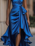 Robe Longue de Soirée Volants Riviera Col Licou – Fente, Ceinture, S à 2XL - Bootiky