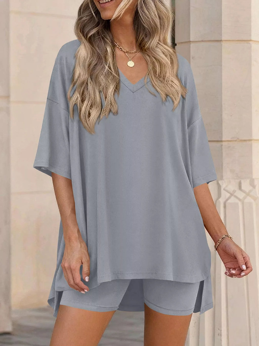 Ensemble t-shirt col V & short femme – 7 coloris, grande taille - Bootiky
