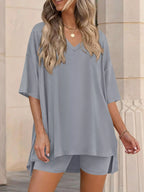 Ensemble t-shirt col V & short femme – 7 coloris, grande taille - Bootiky
