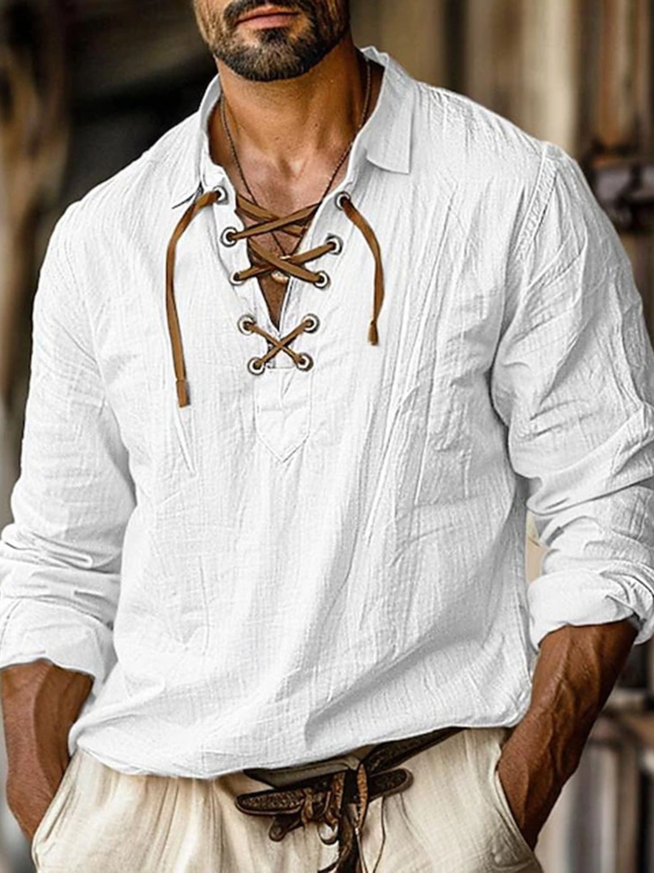 Chemise Homme Vintage — Manches Longues à Lacets Style Bohème - Bootiky