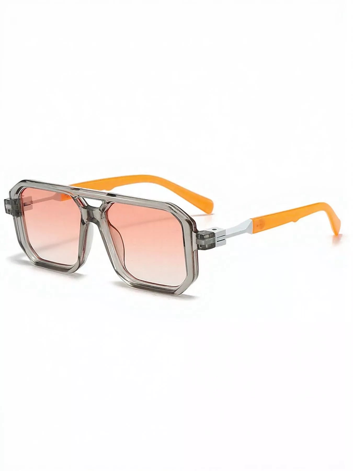 Stylish oversized sunglasses with pink lenses and orange arms, perfect for trendy fashion accessories.