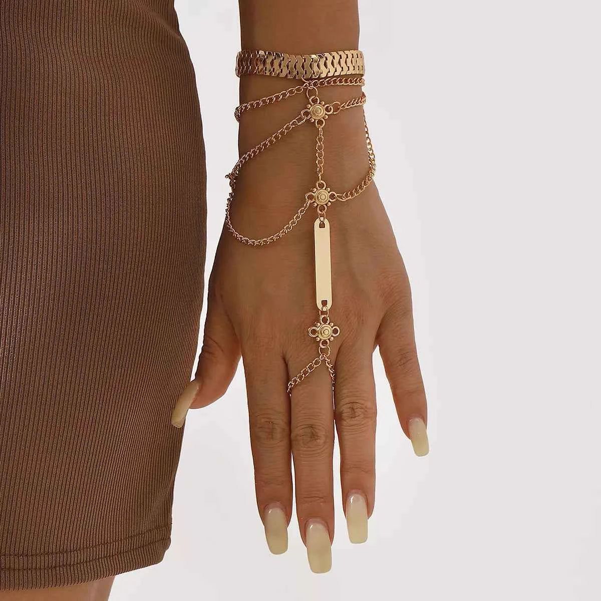 Bracelet de Main Multi-Rangs & Bague Naomi – Plaqué Or 18K ou Argenté, Ajustable - Bootiky