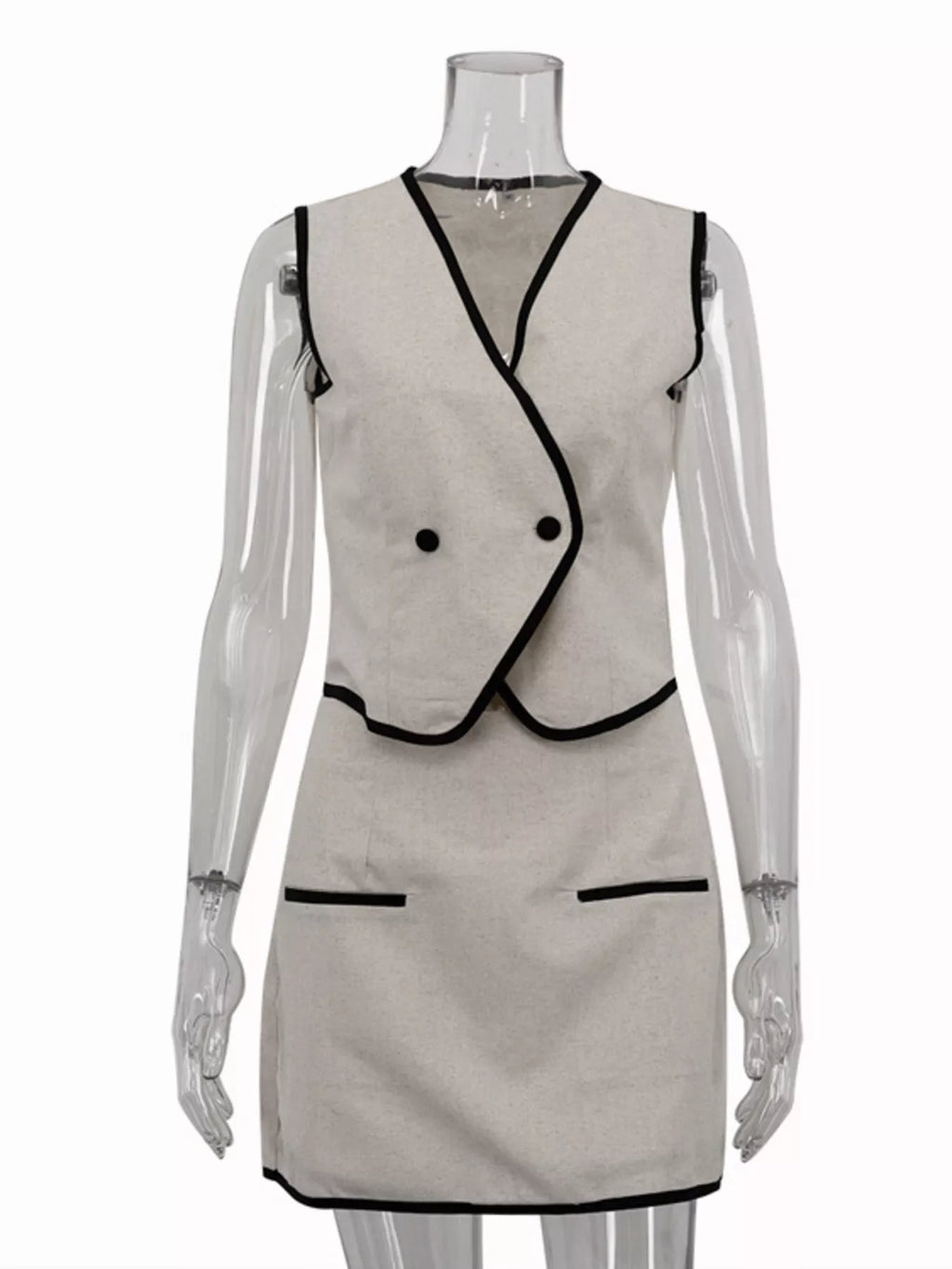 Ensemble gilet boutonné liseré contrastant & jupe femme – coloris Beige - Bootiky