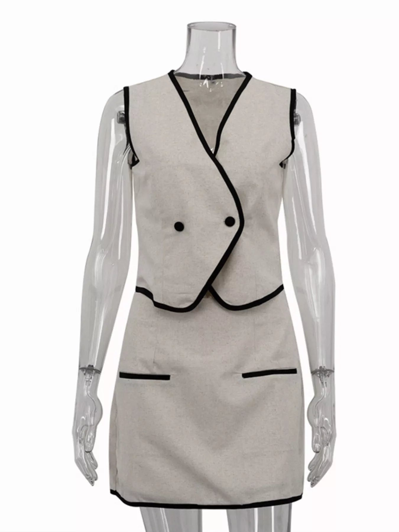Ensemble gilet boutonné liseré contrastant & jupe femme – coloris Beige - Bootiky