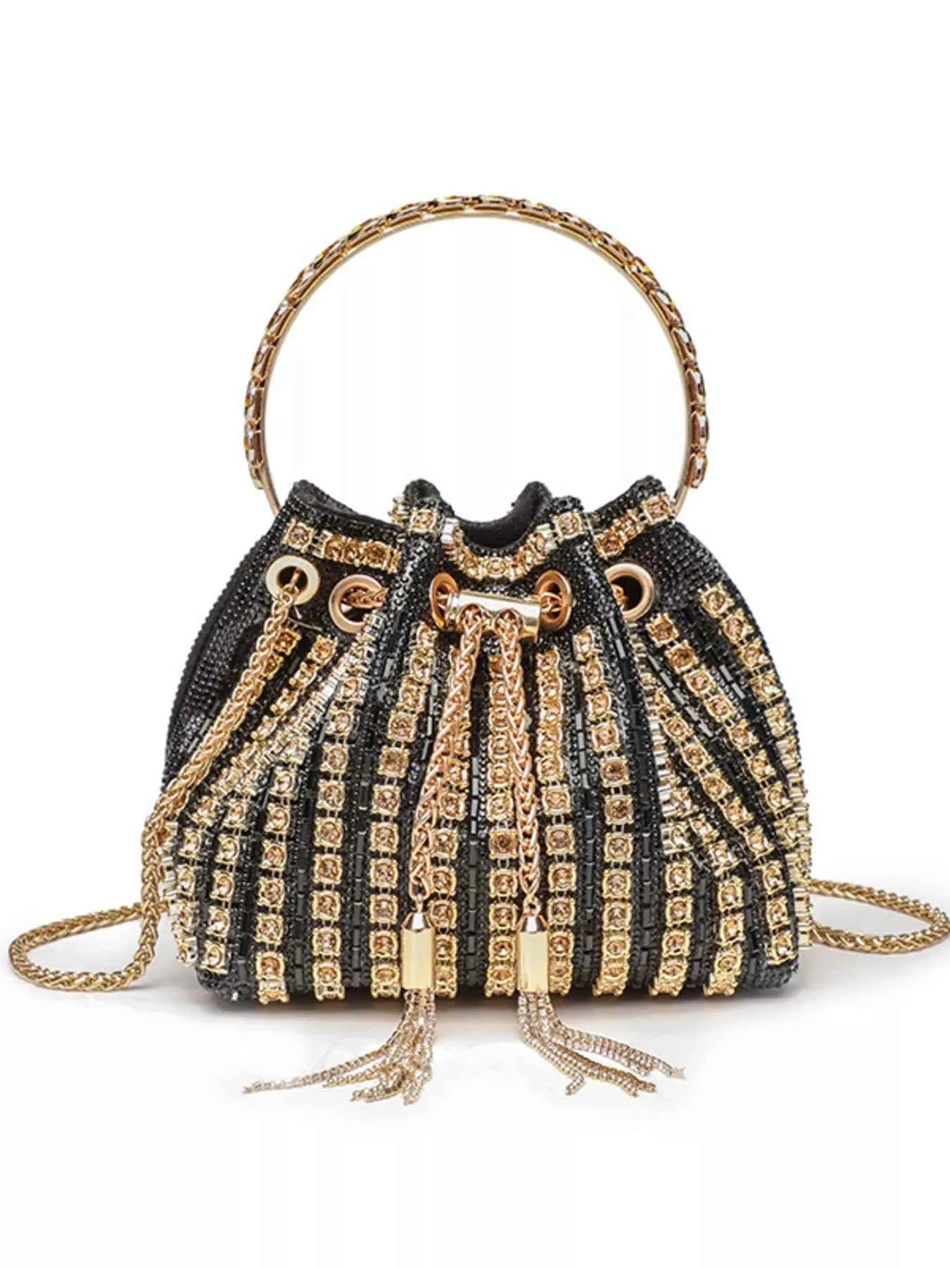 Elegant black and gold beaded bucket bag with chain strap and tassels, perfect for evening events.