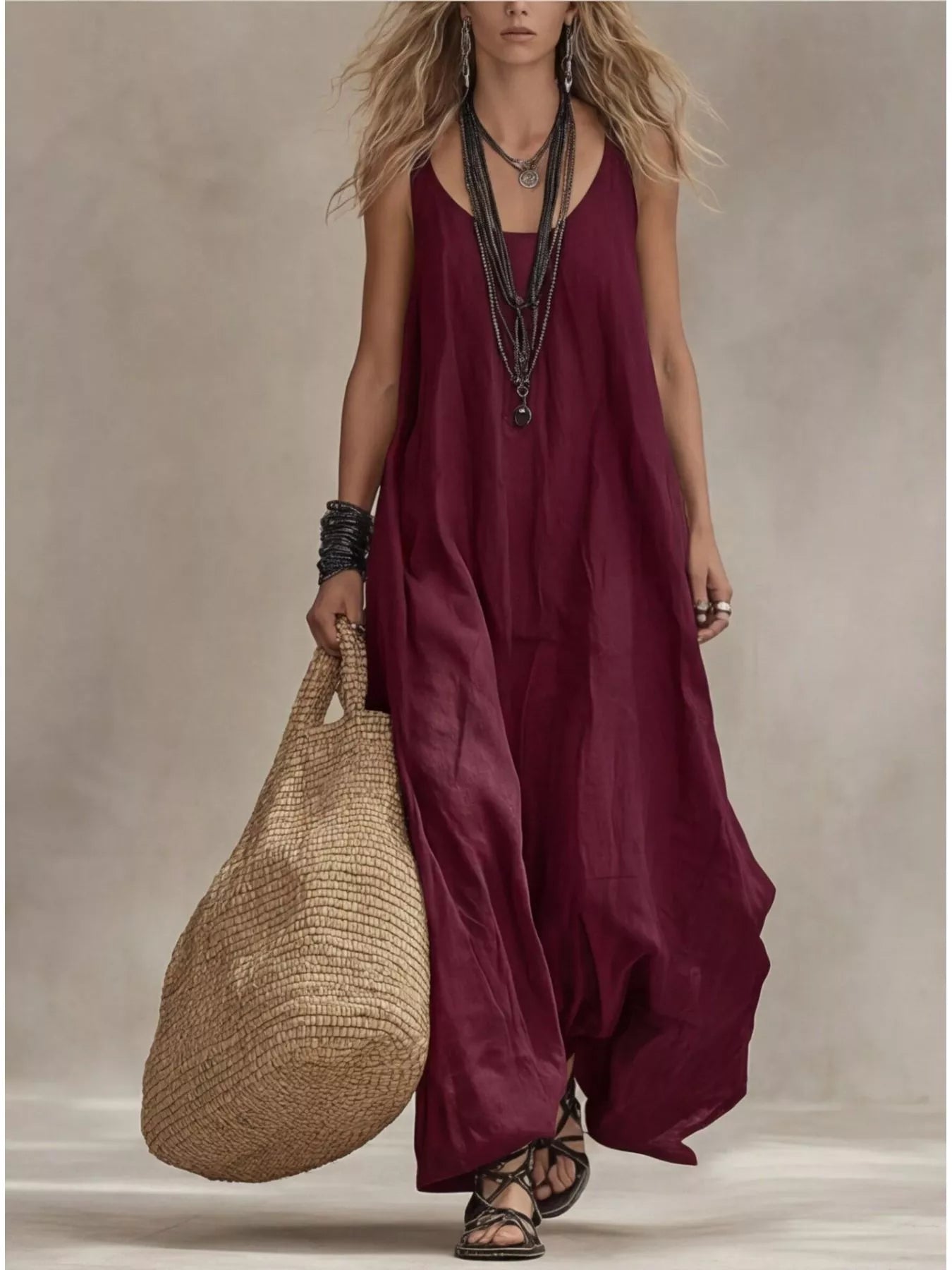 Robe Longue Fluide Sérénité Col Rond Dégagé – Grande Taille, S à 3XL - Bootiky