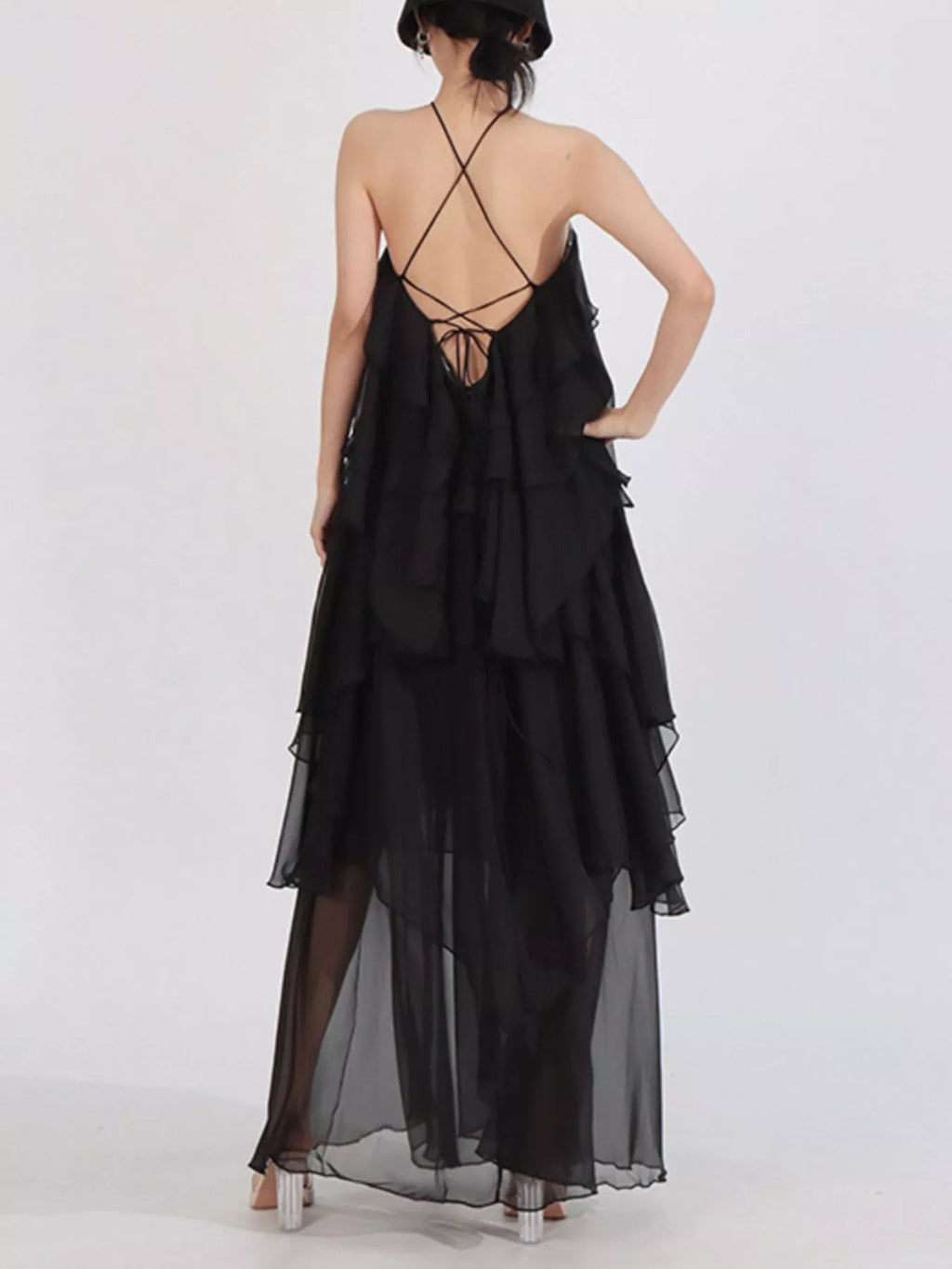 Robe Longue Mousseline — Col Licou, Volants & Mesh (Maxi Dress) - Bootiky