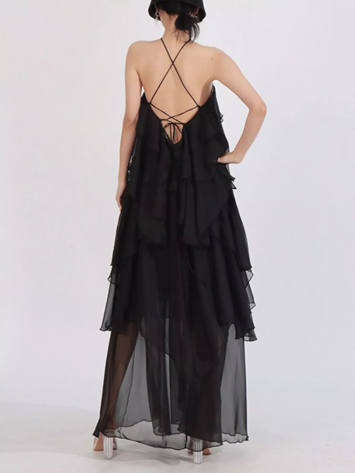 Robe Longue Mousseline — Col Licou, Volants & Mesh (Maxi Dress) - Bootiky