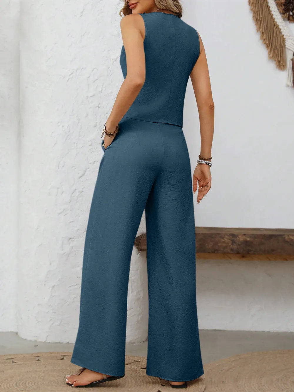 Ensemble gilet col V boutonné & pantalon large femme – 3 coloris - Bootiky