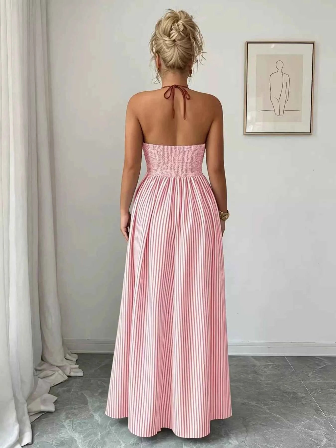 Robe Longue Graphique Riviera Col Licou – Rayures, Buste Smocké, S à 2XL - Bootiky