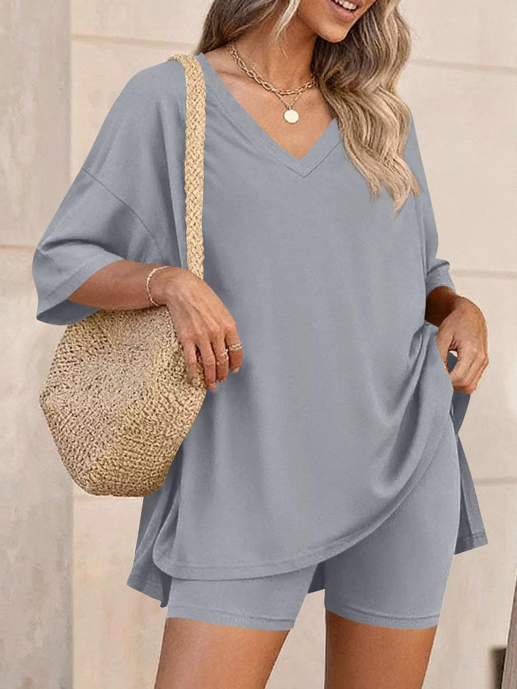 Ensemble t-shirt col V & short femme – 7 coloris, grande taille - Bootiky