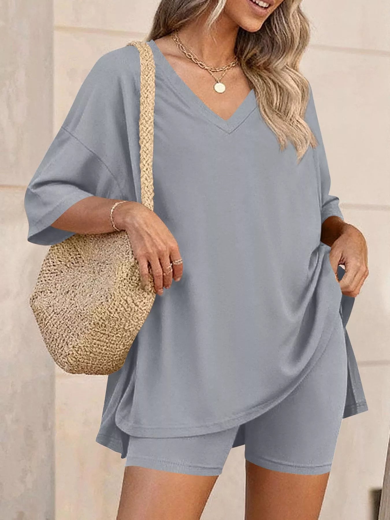Ensemble t-shirt col V & short femme – 7 coloris, grande taille - Bootiky