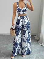 Ensemble crop top smocké imprimé floral & pantalon large femme – 3 coloris - Bootiky