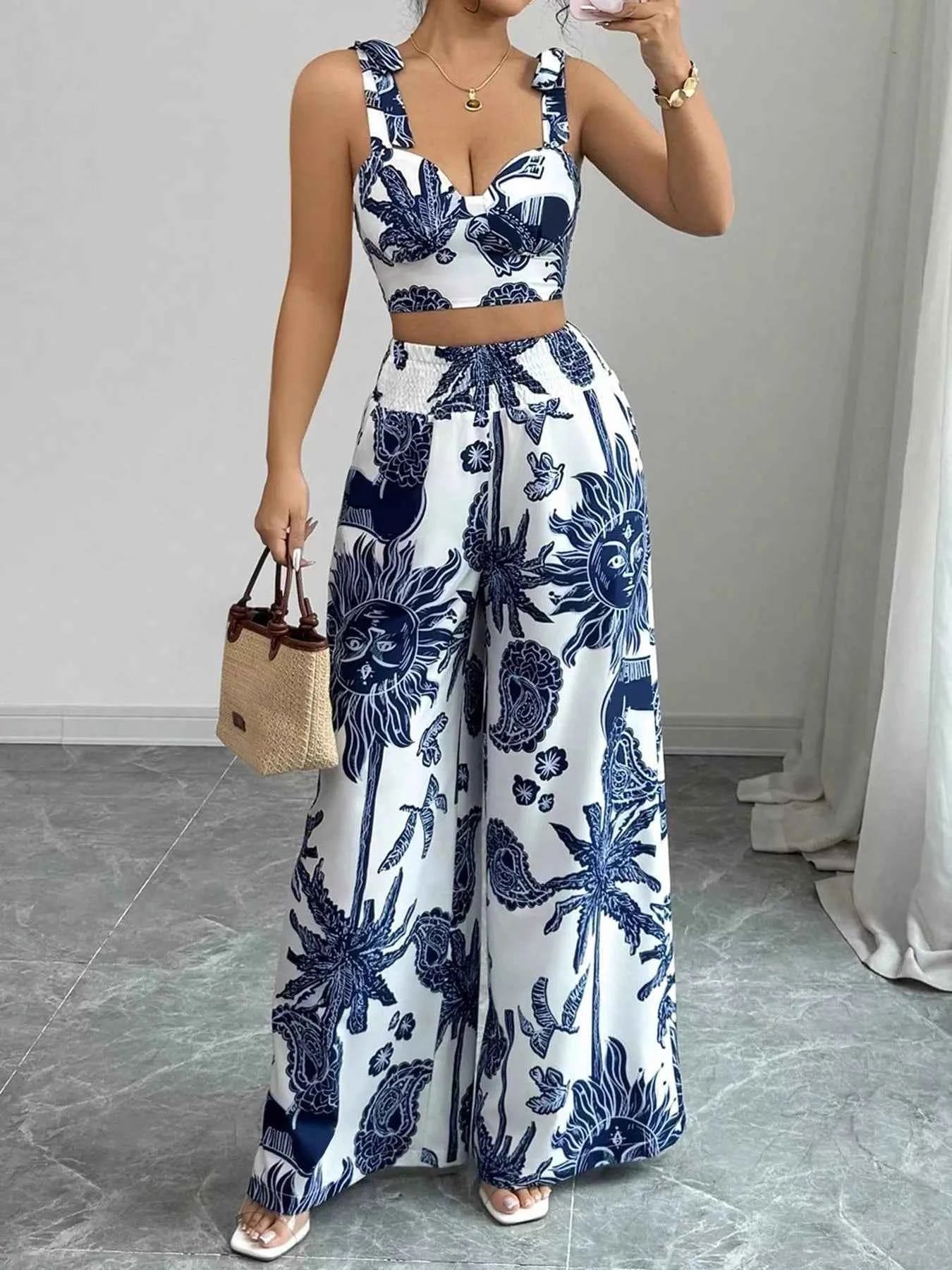 Ensemble crop top smocké imprimé floral & pantalon large femme – 3 coloris - Bootiky