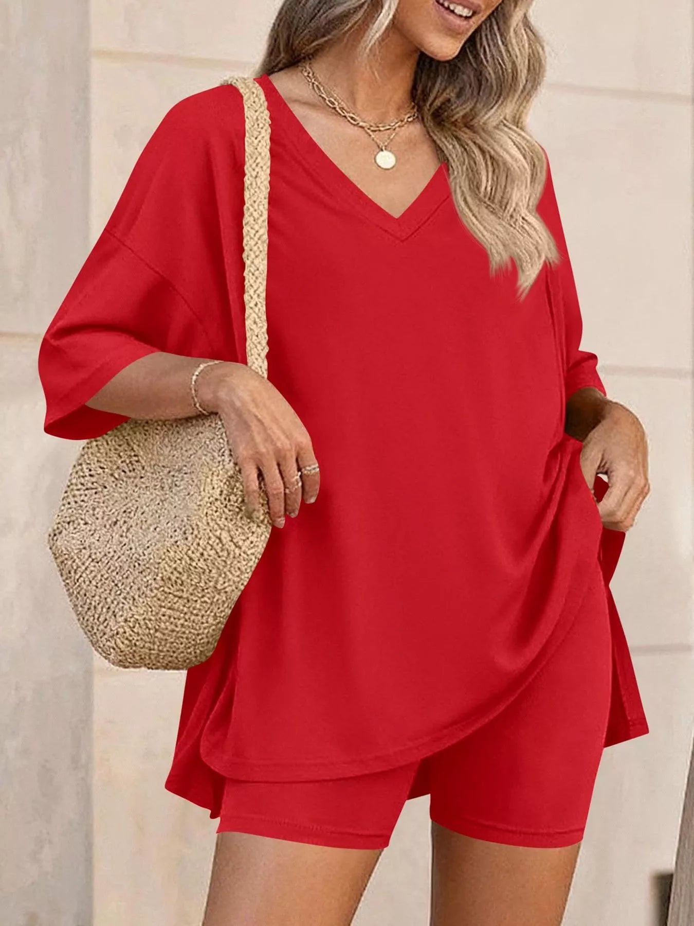 Ensemble t-shirt col V & short femme – 7 coloris, grande taille - Bootiky