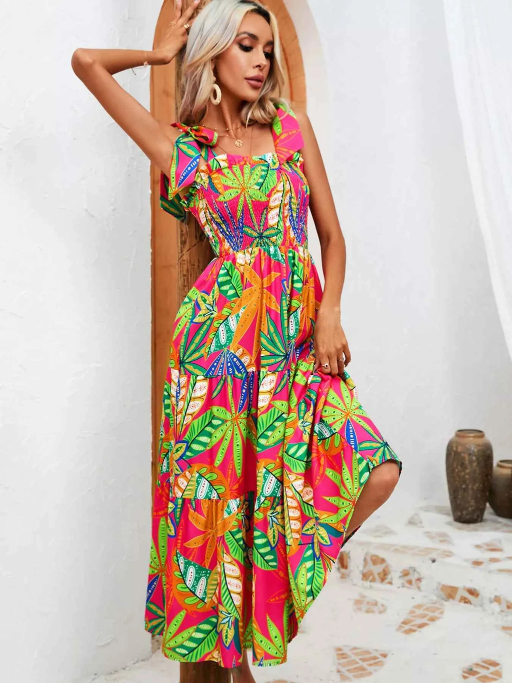 Robe Longue Bohème Oasis Buste Smocké Bretelles à Nouer – Volants, S à 2XL - Bootiky