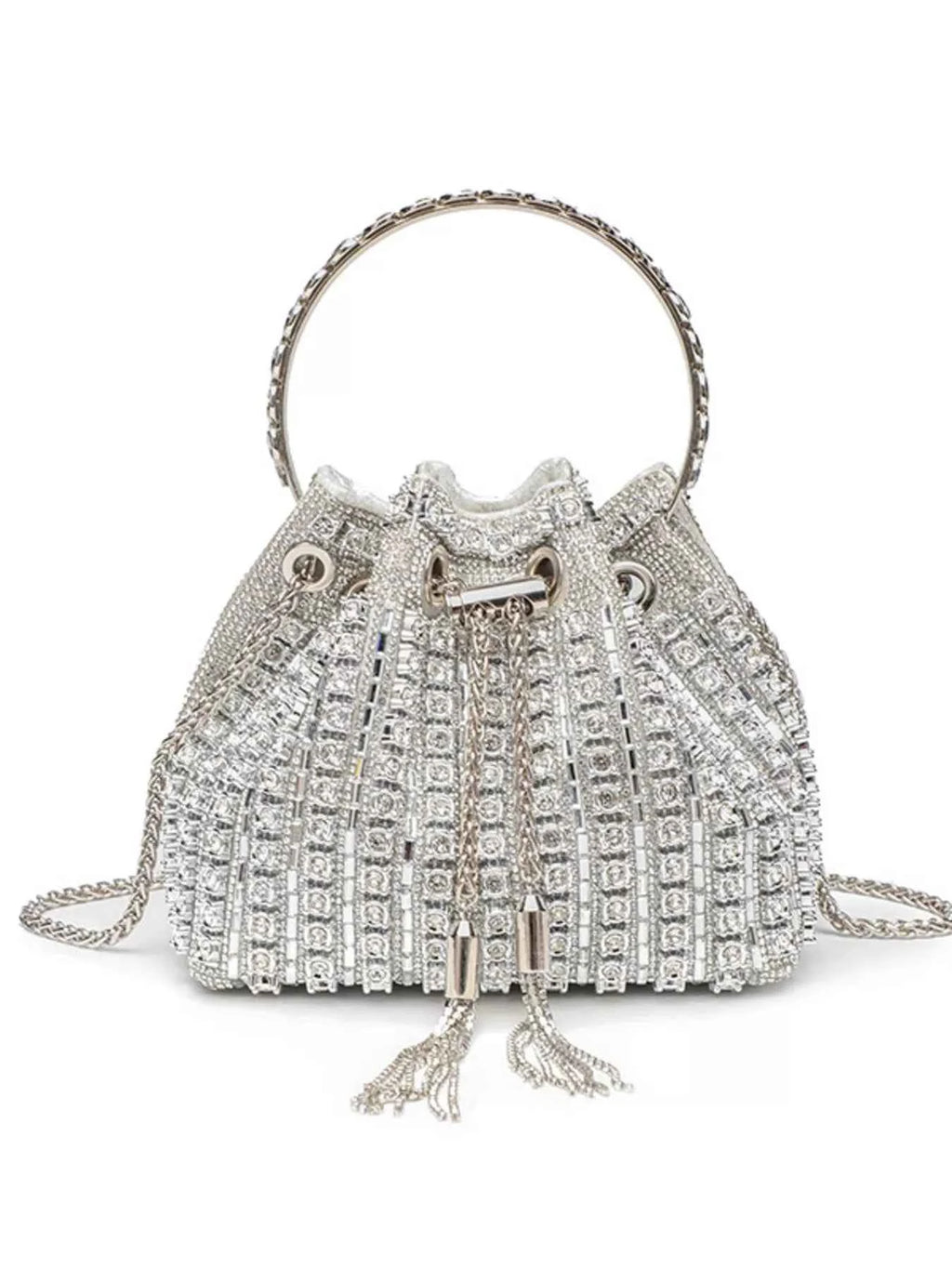 Sparkling silver beaded bucket bag with chain strap and tassels, perfect for evening events and fashion accessories.