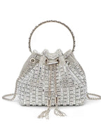 Sparkling silver beaded bucket bag with chain strap and tassels, perfect for evening events and fashion accessories.