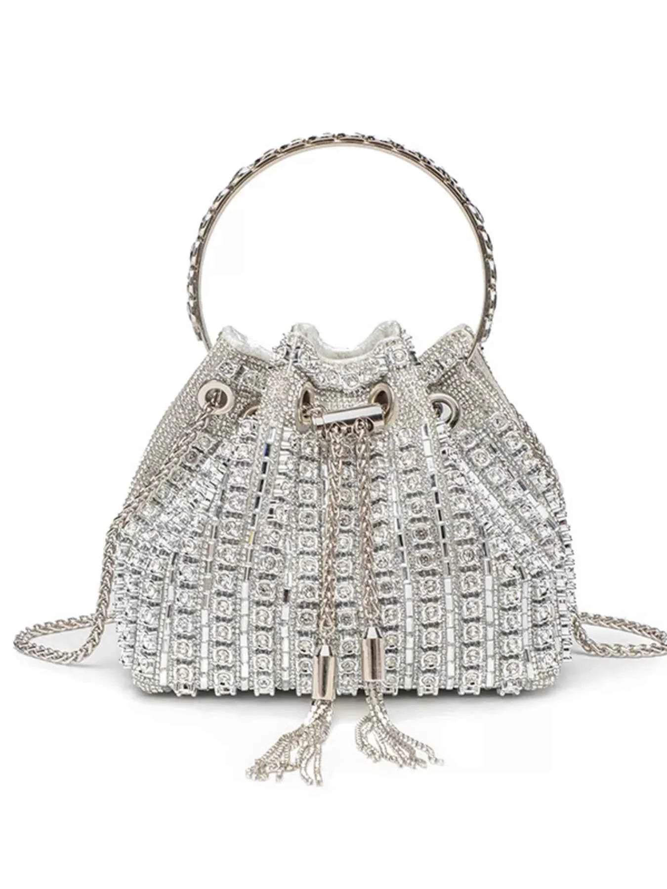 Sparkling silver beaded bucket bag with chain strap and tassels, perfect for evening events and fashion accessories.