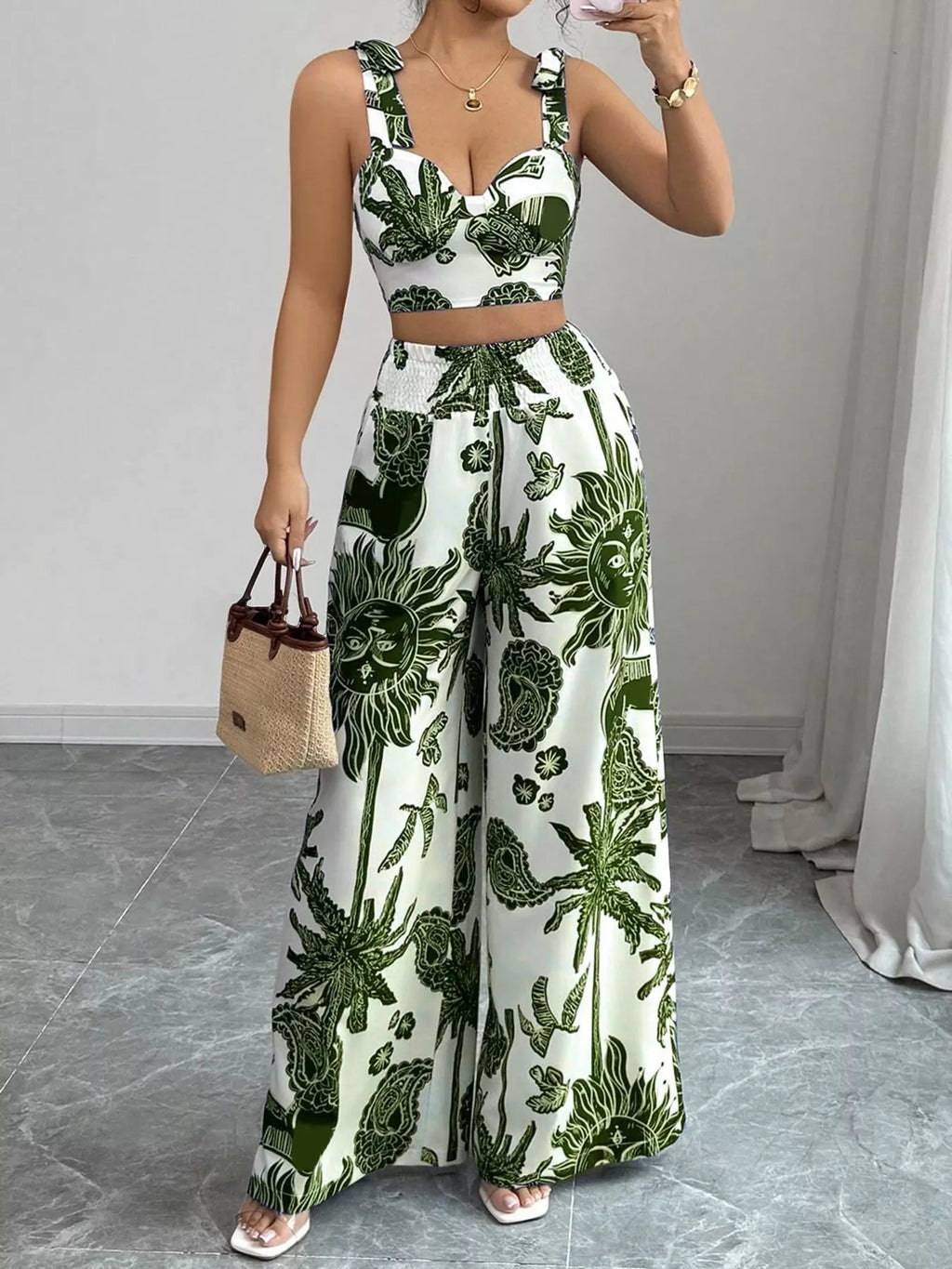 Ensemble crop top smocké imprimé floral & pantalon large femme – 3 coloris - Bootiky
