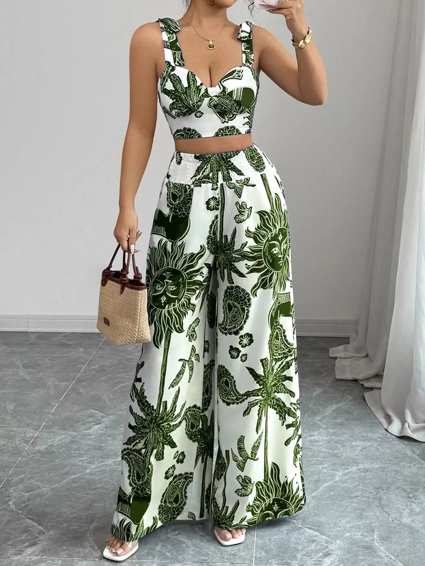 Ensemble crop top smocké imprimé floral & pantalon large femme – 3 coloris - Bootiky