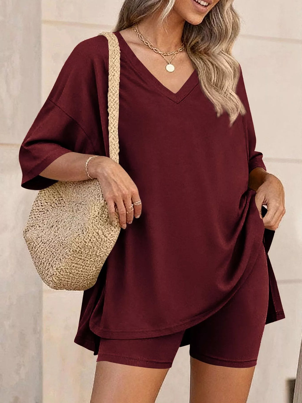 Ensemble t-shirt col V & short femme – 7 coloris, grande taille - Bootiky